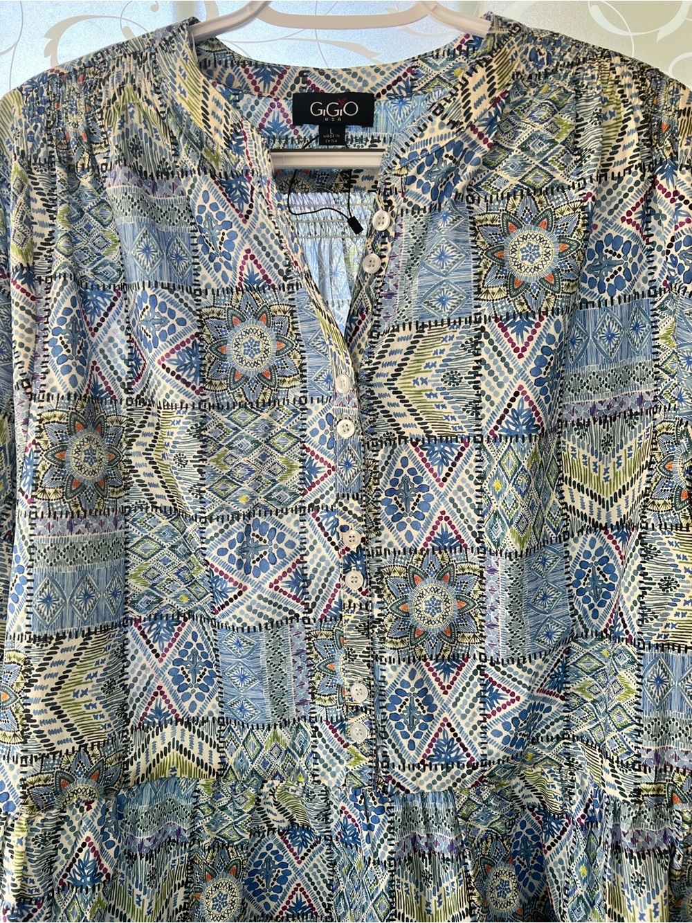 GiGiO blue patchwork print long sleeve oversized dress in a size L. - Picture 3 of 7